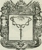 An illustration from Historie cronologiche dell' origine degl' ordini militari e di tutte le religione caualleresche infino ad hora instituite nel mondo : insegne, croci, stendardi, habiti capitolari ò di ceremonia, statuti, e constituzioni di cadaun'ordine : guerre campali e nauali, azioni, fatti celebri, & imprese de caualieri; confederazioni, trattati, paci, & auuenimenti per difesa del Nome Christiano, e propagazione della fede cattolica : serie di tutti i prencipi gran maestri, ordini di dame, e degl' infedeli &c. con le loro diuise (1692)