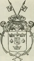 An illustration from Historie cronologiche dell' origine degl' ordini militari e di tutte le religione caualleresche infino ad hora instituite nel mondo : insegne, croci, stendardi, habiti capitolari ò di ceremonia, statuti, e constituzioni di cadaun'ordine : guerre campali e nauali, azioni, fatti celebri, & imprese de caualieri; confederazioni, trattati, paci, & auuenimenti per difesa del Nome Christiano, e propagazione della fede cattolica : serie di tutti i prencipi gran maestri, ordini di dame, e degl' infedeli &c. con le loro diuise (1692)