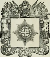 An illustration from Historie cronologiche dell' origine degl' ordini militari e di tutte le religione caualleresche infino ad hora instituite nel mondo : insegne, croci, stendardi, habiti capitolari ò di ceremonia, statuti, e constituzioni di cadaun'ordine : guerre campali e nauali, azioni, fatti celebri, & imprese de caualieri; confederazioni, trattati, paci, & auuenimenti per difesa del Nome Christiano, e propagazione della fede cattolica : serie di tutti i prencipi gran maestri, ordini di dame, e degl' infedeli &c. con le loro diuise (1692)