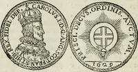 An illustration from Historie cronologiche dell' origine degl' ordini militari e di tutte le religione caualleresche infino ad hora instituite nel mondo : insegne, croci, stendardi, habiti capitolari ò di ceremonia, statuti, e constituzioni di cadaun'ordine : guerre campali e nauali, azioni, fatti celebri, & imprese de caualieri; confederazioni, trattati, paci, & auuenimenti per difesa del Nome Christiano, e propagazione della fede cattolica : serie di tutti i prencipi gran maestri, ordini di dame, e degl' infedeli &c. con le loro diuise (1692)