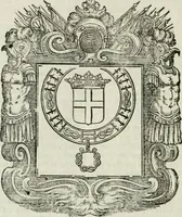 An illustration from Historie cronologiche dell' origine degl' ordini militari e di tutte le religione caualleresche infino ad hora instituite nel mondo : insegne, croci, stendardi, habiti capitolari ò di ceremonia, statuti, e constituzioni di cadaun'ordine : guerre campali e nauali, azioni, fatti celebri, & imprese de caualieri; confederazioni, trattati, paci, & auuenimenti per difesa del Nome Christiano, e propagazione della fede cattolica : serie di tutti i prencipi gran maestri, ordini di dame, e degl' infedeli &c. con le loro diuise (1692)