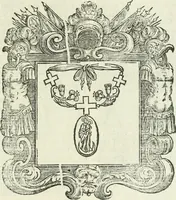 An illustration from Historie cronologiche dell' origine degl' ordini militari e di tutte le religione caualleresche infino ad hora instituite nel mondo : insegne, croci, stendardi, habiti capitolari ò di ceremonia, statuti, e constituzioni di cadaun'ordine : guerre campali e nauali, azioni, fatti celebri, & imprese de caualieri; confederazioni, trattati, paci, & auuenimenti per difesa del Nome Christiano, e propagazione della fede cattolica : serie di tutti i prencipi gran maestri, ordini di dame, e degl' infedeli &c. con le loro diuise (1692)