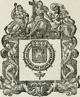 An illustration from Historie cronologiche dell' origine degl' ordini militari e di tutte le religione caualleresche infino ad hora instituite nel mondo : insegne, croci, stendardi, habiti capitolari ò di ceremonia, statuti, e constituzioni di cadaun'ordine : guerre campali e nauali, azioni, fatti celebri, & imprese de caualieri; confederazioni, trattati, paci, & auuenimenti per difesa del Nome Christiano, e propagazione della fede cattolica : serie di tutti i prencipi gran maestri, ordini di dame, e degl' infedeli &c. con le loro diuise (1692)