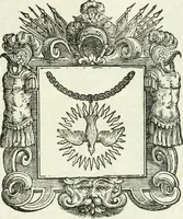 An illustration from Historie cronologiche dell' origine degl' ordini militari e di tutte le religione caualleresche infino ad hora instituite nel mondo : insegne, croci, stendardi, habiti capitolari ò di ceremonia, statuti, e constituzioni di cadaun'ordine : guerre campali e nauali, azioni, fatti celebri, & imprese de caualieri; confederazioni, trattati, paci, & auuenimenti per difesa del Nome Christiano, e propagazione della fede cattolica : serie di tutti i prencipi gran maestri, ordini di dame, e degl' infedeli &c. con le loro diuise (1692)
