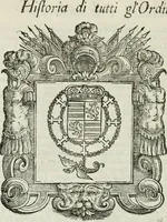 An illustration from Historie cronologiche dell' origine degl' ordini militari e di tutte le religione caualleresche infino ad hora instituite nel mondo : insegne, croci, stendardi, habiti capitolari ò di ceremonia, statuti, e constituzioni di cadaun'ordine : guerre campali e nauali, azioni, fatti celebri, & imprese de caualieri; confederazioni, trattati, paci, & auuenimenti per difesa del Nome Christiano, e propagazione della fede cattolica : serie di tutti i prencipi gran maestri, ordini di dame, e degl' infedeli &c. con le loro diuise (1692)