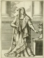 An illustration from Historie cronologiche dell' origine degl' ordini militari e di tutte le religione caualleresche infino ad hora instituite nel mondo : insegne, croci, stendardi, habiti capitolari ò di ceremonia, statuti, e constituzioni di cadaun'ordine : guerre campali e nauali, azioni, fatti celebri, & imprese de caualieri; confederazioni, trattati, paci, & auuenimenti per difesa del Nome Christiano, e propagazione della fede cattolica : serie di tutti i prencipi gran maestri, ordini di dame, e degl' infedeli &c. con le loro diuise (1692)