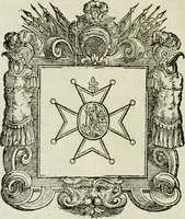 An illustration from Historie cronologiche dell' origine degl' ordini militari e di tutte le religione caualleresche infino ad hora instituite nel mondo : insegne, croci, stendardi, habiti capitolari ò di ceremonia, statuti, e constituzioni di cadaun'ordine : guerre campali e nauali, azioni, fatti celebri, & imprese de caualieri; confederazioni, trattati, paci, & auuenimenti per difesa del Nome Christiano, e propagazione della fede cattolica : serie di tutti i prencipi gran maestri, ordini di dame, e degl' infedeli &c. con le loro diuise (1692)