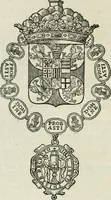 An illustration from Historie cronologiche dell' origine degl' ordini militari e di tutte le religione caualleresche infino ad hora instituite nel mondo : insegne, croci, stendardi, habiti capitolari ò di ceremonia, statuti, e constituzioni di cadaun'ordine : guerre campali e nauali, azioni, fatti celebri, & imprese de caualieri; confederazioni, trattati, paci, & auuenimenti per difesa del Nome Christiano, e propagazione della fede cattolica : serie di tutti i prencipi gran maestri, ordini di dame, e degl' infedeli &c. con le loro diuise (1692)