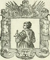 An illustration from Historie cronologiche dell' origine degl' ordini militari e di tutte le religione caualleresche infino ad hora instituite nel mondo : insegne, croci, stendardi, habiti capitolari ò di ceremonia, statuti, e constituzioni di cadaun'ordine : guerre campali e nauali, azioni, fatti celebri, & imprese de caualieri; confederazioni, trattati, paci, & auuenimenti per difesa del Nome Christiano, e propagazione della fede cattolica : serie di tutti i prencipi gran maestri, ordini di dame, e degl' infedeli &c. con le loro diuise (1692)