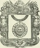 An illustration from Historie cronologiche dell' origine degl' ordini militari e di tutte le religione caualleresche infino ad hora instituite nel mondo : insegne, croci, stendardi, habiti capitolari ò di ceremonia, statuti, e constituzioni di cadaun'ordine : guerre campali e nauali, azioni, fatti celebri, & imprese de caualieri; confederazioni, trattati, paci, & auuenimenti per difesa del Nome Christiano, e propagazione della fede cattolica : serie di tutti i prencipi gran maestri, ordini di dame, e degl' infedeli &c. con le loro diuise (1692)