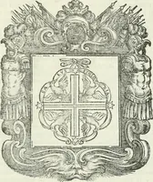 An illustration from Historie cronologiche dell' origine degl' ordini militari e di tutte le religione caualleresche infino ad hora instituite nel mondo : insegne, croci, stendardi, habiti capitolari ò di ceremonia, statuti, e constituzioni di cadaun'ordine : guerre campali e nauali, azioni, fatti celebri, & imprese de caualieri; confederazioni, trattati, paci, & auuenimenti per difesa del Nome Christiano, e propagazione della fede cattolica : serie di tutti i prencipi gran maestri, ordini di dame, e degl' infedeli &c. con le loro diuise (1692)