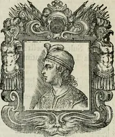 An illustration from Historie cronologiche dell' origine degl' ordini militari e di tutte le religione caualleresche infino ad hora instituite nel mondo : insegne, croci, stendardi, habiti capitolari ò di ceremonia, statuti, e constituzioni di cadaun'ordine : guerre campali e nauali, azioni, fatti celebri, & imprese de caualieri; confederazioni, trattati, paci, & auuenimenti per difesa del Nome Christiano, e propagazione della fede cattolica : serie di tutti i prencipi gran maestri, ordini di dame, e degl' infedeli &c. con le loro diuise (1692)
