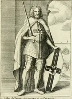 An illustration from Historie cronologiche dell' origine degl' ordini militari e di tutte le religione caualleresche infino ad hora instituite nel mondo : insegne, croci, stendardi, habiti capitolari ò di ceremonia, statuti, e constituzioni di cadaun'ordine : guerre campali e nauali, azioni, fatti celebri, & imprese de caualieri; confederazioni, trattati, paci, & auuenimenti per difesa del Nome Christiano, e propagazione della fede cattolica : serie di tutti i prencipi gran maestri, ordini di dame, e degl' infedeli &c. con le loro diuise (1692)