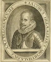 An illustration from Historie der Nieder-landscher ende haerder Naburen oorlogen : ende geschiedenissen tot den iare MVICXII, nu de laestemael bij hem voor syme todtmerckelijck verbetert en in, XXXII boecken voltzocken is mede' hier by gevoegt des autheurs leven [by Simeon Ruytinck] verryckt benessens de Land-Caerte met by na hondert correcte Conterfeijtsels vande voor treflijcste Personagien in dese Historie verhaelt. Alle cierlijck na d'leven ghedaen ende in Coperen platen gesteken ; gedruckt int Yaer ons Heeren MDCXXXVI (1636)