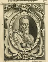 An illustration from Historie der Nieder-landscher ende haerder Naburen oorlogen : ende geschiedenissen tot den iare MVICXII, nu de laestemael bij hem voor syme todtmerckelijck verbetert en in, XXXII boecken voltzocken is mede' hier by gevoegt des autheurs leven [by Simeon Ruytinck] verryckt benessens de Land-Caerte met by na hondert correcte Conterfeijtsels vande voor treflijcste Personagien in dese Historie verhaelt. Alle cierlijck na d'leven ghedaen ende in Coperen platen gesteken ; gedruckt int Yaer ons Heeren MDCXXXVI (1636)