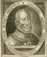 An illustration from Historie der Nieder-landscher ende haerder Naburen oorlogen : ende geschiedenissen tot den iare MVICXII, nu de laestemael bij hem voor syme todtmerckelijck verbetert en in, XXXII boecken voltzocken is mede' hier by gevoegt des autheurs leven [by Simeon Ruytinck] verryckt benessens de Land-Caerte met by na hondert correcte Conterfeijtsels vande voor treflijcste Personagien in dese Historie verhaelt. Alle cierlijck na d'leven ghedaen ende in Coperen platen gesteken ; gedruckt int Yaer ons Heeren MDCXXXVI (1636)