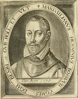 An illustration from Historie der Nieder-landscher ende haerder Naburen oorlogen : ende geschiedenissen tot den iare MVICXII, nu de laestemael bij hem voor syme todtmerckelijck verbetert en in, XXXII boecken voltzocken is mede' hier by gevoegt des autheurs leven [by Simeon Ruytinck] verryckt benessens de Land-Caerte met by na hondert correcte Conterfeijtsels vande voor treflijcste Personagien in dese Historie verhaelt. Alle cierlijck na d'leven ghedaen ende in Coperen platen gesteken ; gedruckt int Yaer ons Heeren MDCXXXVI (1636)