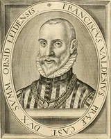 An illustration from Historie der Nieder-landscher ende haerder Naburen oorlogen : ende geschiedenissen tot den iare MVICXII, nu de laestemael bij hem voor syme todtmerckelijck verbetert en in, XXXII boecken voltzocken is mede' hier by gevoegt des autheurs leven [by Simeon Ruytinck] verryckt benessens de Land-Caerte met by na hondert correcte Conterfeijtsels vande voor treflijcste Personagien in dese Historie verhaelt. Alle cierlijck na d'leven ghedaen ende in Coperen platen gesteken ; gedruckt int Yaer ons Heeren MDCXXXVI (1636)