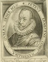An illustration from Historie der Nieder-landscher ende haerder Naburen oorlogen : ende geschiedenissen tot den iare MVICXII, nu de laestemael bij hem voor syme todtmerckelijck verbetert en in, XXXII boecken voltzocken is mede' hier by gevoegt des autheurs leven [by Simeon Ruytinck] verryckt benessens de Land-Caerte met by na hondert correcte Conterfeijtsels vande voor treflijcste Personagien in dese Historie verhaelt. Alle cierlijck na d'leven ghedaen ende in Coperen platen gesteken ; gedruckt int Yaer ons Heeren MDCXXXVI (1636)