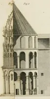 An illustration from An history of the origin and establishment of Gothic architecture : comprehending also an account, from his own writings, of Caesar Caesarianus, the first professed commentator on Vitruvius, and of his translation of that author : an investigation of the principles and proportions of that style of architecture called the Gothic : and an inquiry into the mode of painting upon and staining glass, as practiced in the ecclesiastical structures of the Middle Ages (1813)