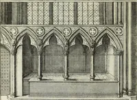 An illustration from The history of St. Paul's Cathedral in London, from its foundation ... : beautified with sundry prospects of the old fabrick, which was destroyed by the fire of that city, 1666 : as also with the figures of the tombs and monuments therein, which were all defaced in the late rebellion : whereunto is added, a continuation thereof, setting forth what was done in the structure of the new church, to the year 1685 : likewise, an historical account of the northern cathedrals, and chief collegiate churches in the province of York (1716)