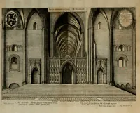 An illustration from The history of St. Paul's Cathedral in London, from its foundation ... : beautified with sundry prospects of the old fabrick, which was destroyed by the fire of that city, 1666 : as also with the figures of the tombs and monuments therein, which were all defaced in the late rebellion : whereunto is added, a continuation thereof, setting forth what was done in the structure of the new church, to the year 1685 : likewise, an historical account of the northern cathedrals, and chief collegiate churches in the province of York (1716)