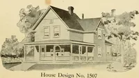 An illustration from Hodgson's modern house building : perspective views and floor plans of fifty low and medium priced houses ; full and complete working plans and specifications of any of these houses will be mailed at the low prices named, on the same day the order is received ; illustrated (1905)