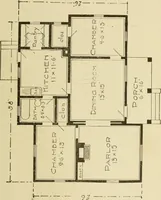 An illustration from Hodgson's modern house building : perspective views and floor plans of fifty low and medium priced houses ; full and complete working plans and specifications of any of these houses will be mailed at the low prices named, on the same day the order is received ; illustrated (1905)