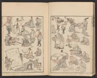 An illustration from Hokusai manga. Nihen, yonhen, gohen, shichihen, kyuhen, junihen (1600)