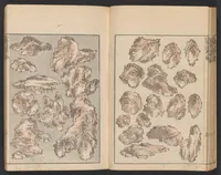 An illustration from Hokusai manga. Nihen, yonhen, gohen, shichihen, kyuhen, junihen (1600)