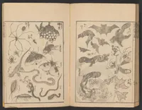 An illustration from Hokusai manga. Nihen, yonhen, gohen, shichihen, kyuhen, junihen (1600)
