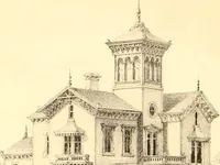 An illustration from Holly's country seats: containing lithographic designs for cottages, villas, mansions, etc., with their accompanying outbuildings; also, country churches, city buildings, railway stations, etc., etc (1863)