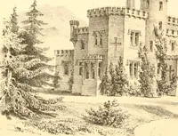 An illustration from Holly's country seats: containing lithographic designs for cottages, villas, mansions, etc., with their accompanying outbuildings; also, country churches, city buildings, railway stations, etc., etc (1863)