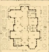 An illustration from Holly's country seats: containing lithographic designs for cottages, villas, mansions, etc., with their accompanying outbuildings; also, country churches, city buildings, railway stations, etc., etc (1863)