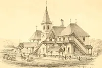 An illustration from Holly's country seats: containing lithographic designs for cottages, villas, mansions, etc., with their accompanying outbuildings; also, country churches, city buildings, railway stations, etc., etc (1863)