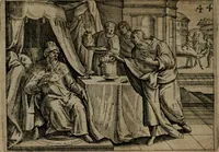 An illustration from Homo microcosmus, hoc est: parvus mundus, macrocosmo, id est: magno mundo, in variis æri incisis figuris totq; carminibus Latinis, per selectiores veterum poëtarum fabulas, nec non elegantiores quasdam historias, emblematice expositus; cujus hæc editio tertia. In qua Latina ista carmina puris rhythmis, Germanicis sunt donata ... Opus, non solùm ad studiosæ juventutis, sed etiam pictorum, sculptorum ... usum et delectationem adornatum (1670)