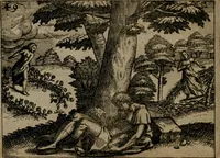 An illustration from Homo microcosmus, hoc est: parvus mundus, macrocosmo, id est: magno mundo, in variis æri incisis figuris totq; carminibus Latinis, per selectiores veterum poëtarum fabulas, nec non elegantiores quasdam historias, emblematice expositus; cujus hæc editio tertia. In qua Latina ista carmina puris rhythmis, Germanicis sunt donata ... Opus, non solùm ad studiosæ juventutis, sed etiam pictorum, sculptorum ... usum et delectationem adornatum (1670)