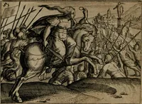 Picture 52 of 75 from Homo microcosmus, hoc est: parvus mundus, macrocosmo, id est: magno mundo, in variis æri incisis figuris totq; carminibus Latinis, per selectiores veterum poëtarum fabulas, nec non elegantiores quasdam historias, emblematice expositus; cujus hæc editio tertia. In qua Latina ista carmina puris rhythmis, Germanicis sunt donata ... Opus, non solùm ad studiosæ juventutis, sed etiam pictorum, sculptorum ... usum et delectationem adornatum (1670), leaf 115