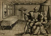 An illustration from Homo microcosmus, hoc est: parvus mundus, macrocosmo, id est: magno mundo, in variis æri incisis figuris totq; carminibus Latinis, per selectiores veterum poëtarum fabulas, nec non elegantiores quasdam historias, emblematice expositus; cujus hæc editio tertia. In qua Latina ista carmina puris rhythmis, Germanicis sunt donata ... Opus, non solùm ad studiosæ juventutis, sed etiam pictorum, sculptorum ... usum et delectationem adornatum (1670)