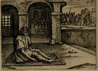 Picture 57 of 75 from Homo microcosmus, hoc est: parvus mundus, macrocosmo, id est: magno mundo, in variis æri incisis figuris totq; carminibus Latinis, per selectiores veterum poëtarum fabulas, nec non elegantiores quasdam historias, emblematice expositus; cujus hæc editio tertia. In qua Latina ista carmina puris rhythmis, Germanicis sunt donata ... Opus, non solùm ad studiosæ juventutis, sed etiam pictorum, sculptorum ... usum et delectationem adornatum (1670), leaf 125