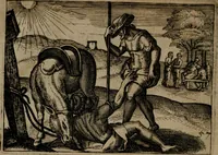 Picture 58 of 75 from Homo microcosmus, hoc est: parvus mundus, macrocosmo, id est: magno mundo, in variis æri incisis figuris totq; carminibus Latinis, per selectiores veterum poëtarum fabulas, nec non elegantiores quasdam historias, emblematice expositus; cujus hæc editio tertia. In qua Latina ista carmina puris rhythmis, Germanicis sunt donata ... Opus, non solùm ad studiosæ juventutis, sed etiam pictorum, sculptorum ... usum et delectationem adornatum (1670), leaf 127