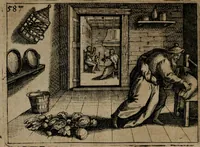 Picture 59 of 75 from Homo microcosmus, hoc est: parvus mundus, macrocosmo, id est: magno mundo, in variis æri incisis figuris totq; carminibus Latinis, per selectiores veterum poëtarum fabulas, nec non elegantiores quasdam historias, emblematice expositus; cujus hæc editio tertia. In qua Latina ista carmina puris rhythmis, Germanicis sunt donata ... Opus, non solùm ad studiosæ juventutis, sed etiam pictorum, sculptorum ... usum et delectationem adornatum (1670), leaf 129