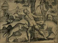 Picture 62 of 75 from Homo microcosmus, hoc est: parvus mundus, macrocosmo, id est: magno mundo, in variis æri incisis figuris totq; carminibus Latinis, per selectiores veterum poëtarum fabulas, nec non elegantiores quasdam historias, emblematice expositus; cujus hæc editio tertia. In qua Latina ista carmina puris rhythmis, Germanicis sunt donata ... Opus, non solùm ad studiosæ juventutis, sed etiam pictorum, sculptorum ... usum et delectationem adornatum (1670), leaf 135