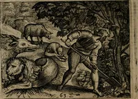 An illustration from Homo microcosmus, hoc est: parvus mundus, macrocosmo, id est: magno mundo, in variis æri incisis figuris totq; carminibus Latinis, per selectiores veterum poëtarum fabulas, nec non elegantiores quasdam historias, emblematice expositus; cujus hæc editio tertia. In qua Latina ista carmina puris rhythmis, Germanicis sunt donata ... Opus, non solùm ad studiosæ juventutis, sed etiam pictorum, sculptorum ... usum et delectationem adornatum (1670)