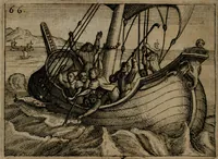 Picture 67 of 75 from Homo microcosmus, hoc est: parvus mundus, macrocosmo, id est: magno mundo, in variis æri incisis figuris totq; carminibus Latinis, per selectiores veterum poëtarum fabulas, nec non elegantiores quasdam historias, emblematice expositus; cujus hæc editio tertia. In qua Latina ista carmina puris rhythmis, Germanicis sunt donata ... Opus, non solùm ad studiosæ juventutis, sed etiam pictorum, sculptorum ... usum et delectationem adornatum (1670), leaf 145