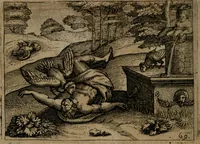 An illustration from Homo microcosmus, hoc est: parvus mundus, macrocosmo, id est: magno mundo, in variis æri incisis figuris totq; carminibus Latinis, per selectiores veterum poëtarum fabulas, nec non elegantiores quasdam historias, emblematice expositus; cujus hæc editio tertia. In qua Latina ista carmina puris rhythmis, Germanicis sunt donata ... Opus, non solùm ad studiosæ juventutis, sed etiam pictorum, sculptorum ... usum et delectationem adornatum (1670)