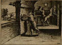 Picture 71 of 75 from Homo microcosmus, hoc est: parvus mundus, macrocosmo, id est: magno mundo, in variis æri incisis figuris totq; carminibus Latinis, per selectiores veterum poëtarum fabulas, nec non elegantiores quasdam historias, emblematice expositus; cujus hæc editio tertia. In qua Latina ista carmina puris rhythmis, Germanicis sunt donata ... Opus, non solùm ad studiosæ juventutis, sed etiam pictorum, sculptorum ... usum et delectationem adornatum (1670), leaf 153