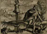 An illustration from Homo microcosmus, hoc est: parvus mundus, macrocosmo, id est: magno mundo, in variis æri incisis figuris totq; carminibus Latinis, per selectiores veterum poëtarum fabulas, nec non elegantiores quasdam historias, emblematice expositus; cujus hæc editio tertia. In qua Latina ista carmina puris rhythmis, Germanicis sunt donata ... Opus, non solùm ad studiosæ juventutis, sed etiam pictorum, sculptorum ... usum et delectationem adornatum (1670)
