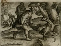An illustration from Homo microcosmus, hoc est: parvus mundus, macrocosmo, id est: magno mundo, in variis æri incisis figuris totq; carminibus Latinis, per selectiores veterum poëtarum fabulas, nec non elegantiores quasdam historias, emblematice expositus; cujus hæc editio tertia. In qua Latina ista carmina puris rhythmis, Germanicis sunt donata ... Opus, non solùm ad studiosæ juventutis, sed etiam pictorum, sculptorum ... usum et delectationem adornatum (1670)