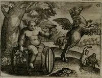 An illustration from Homo microcosmus, hoc est: parvus mundus, macrocosmo, id est: magno mundo, in variis æri incisis figuris totq; carminibus Latinis, per selectiores veterum poëtarum fabulas, nec non elegantiores quasdam historias, emblematice expositus; cujus hæc editio tertia. In qua Latina ista carmina puris rhythmis, Germanicis sunt donata ... Opus, non solùm ad studiosæ juventutis, sed etiam pictorum, sculptorum ... usum et delectationem adornatum (1670)